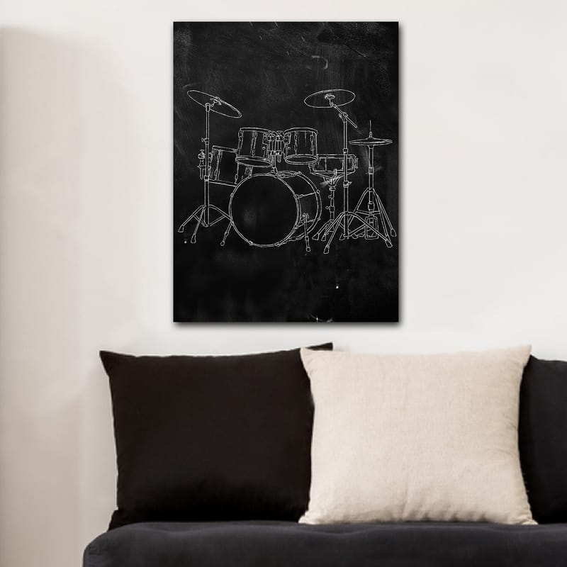 Lerretsbilde 70x100 cm - Stilisert tegning av et trommesett på svart bakgrunn - Svart / Hvit - Innredning - Bilder & kunst - Lerretsbilder