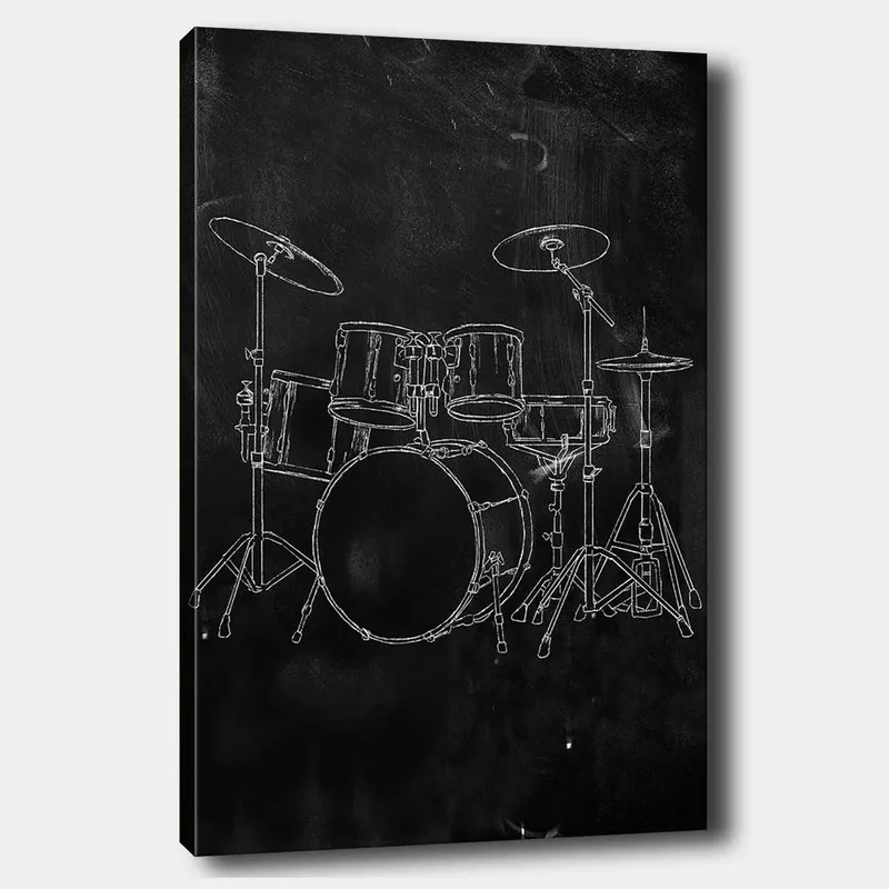 Lerretsbilde 70x100 cm - Stilisert tegning av et trommesett på svart bakgrunn, Svart / Hvit