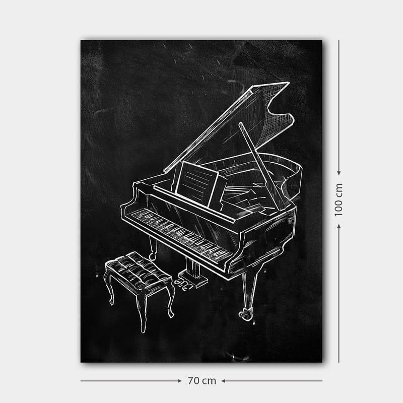 Lerretsbilde 70x100 cm - Stilisert tegning av et piano med en benk - Hvit / Svart - Innredning - Bilder & kunst - Lerretsbilder