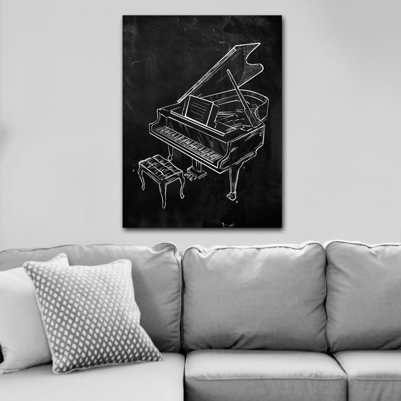 Lerretsbilde 70x100 cm - Stilisert tegning av et piano med en benk - Hvit / Svart - Innredning - Bilder & kunst - Lerretsbilder