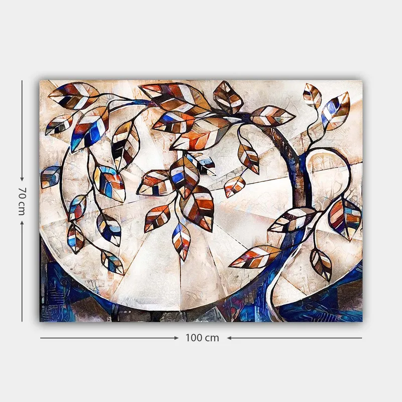 Lerretsbilde 70x100 cm - Stilisert tregren med fargerike blader som strekker seg over en lys bakgrunn - Mørk blå / Oransje / Hvit - Innredning - Bilder & kunst - Lerretsbilder