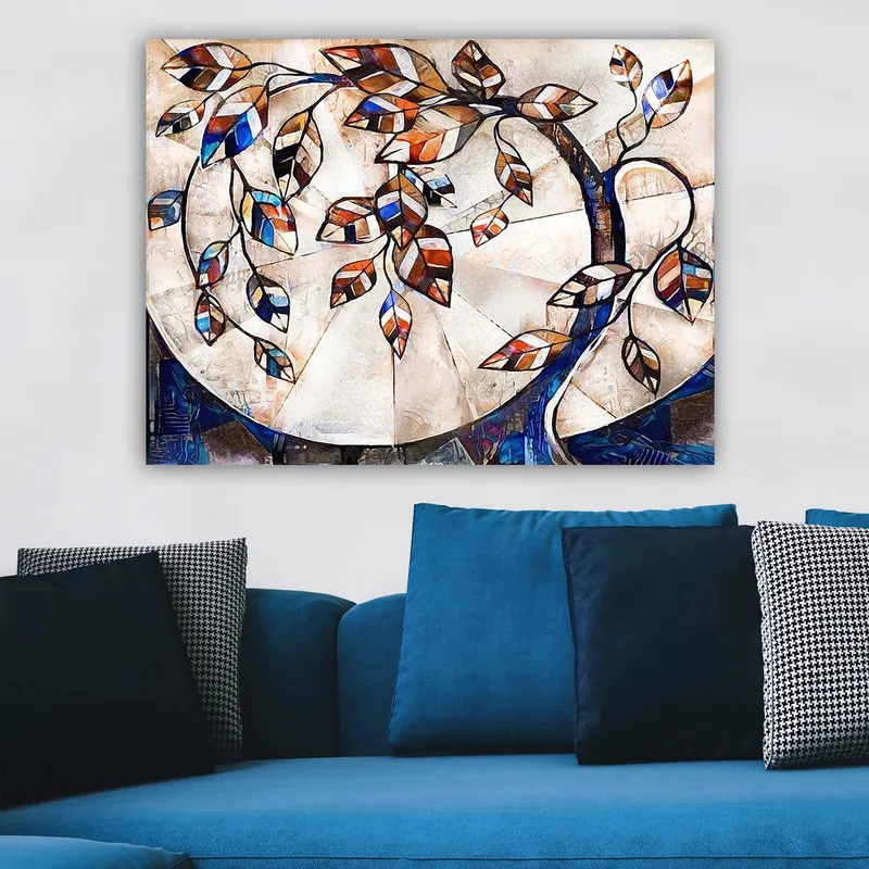 Lerretsbilde 70x100 cm - Stilisert tregren med fargerike blader som strekker seg over en lys bakgrunn - Mørk blå / Oransje / Hvit - Innredning - Bilder & kunst - Lerretsbilder