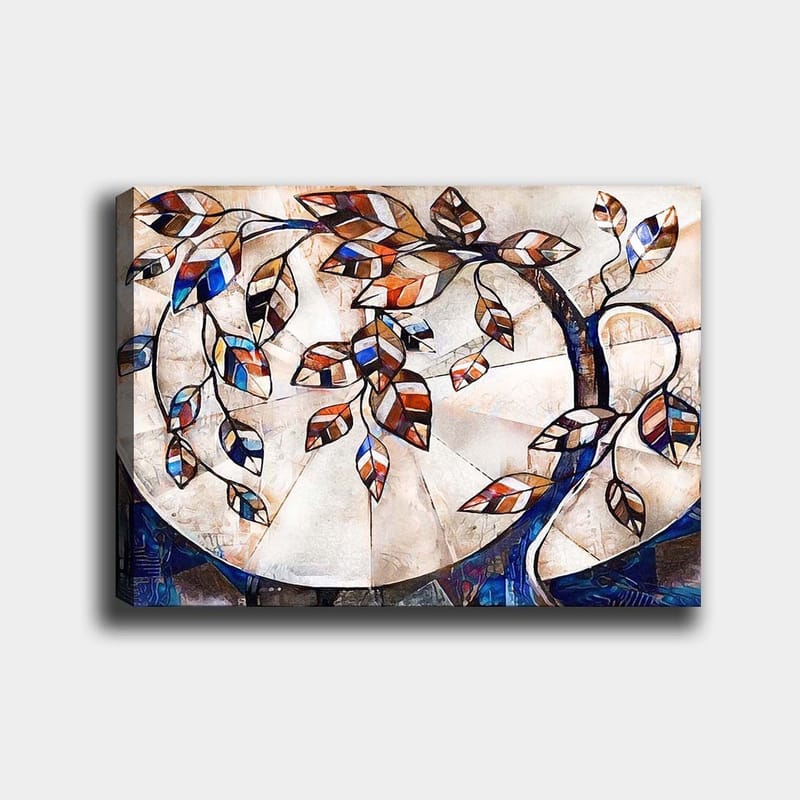 Lerretsbilde 70x100 cm - Stilisert tregren med fargerike blader som strekker seg over en lys bakgrunn, Mørk blå / Oransje / Hvit