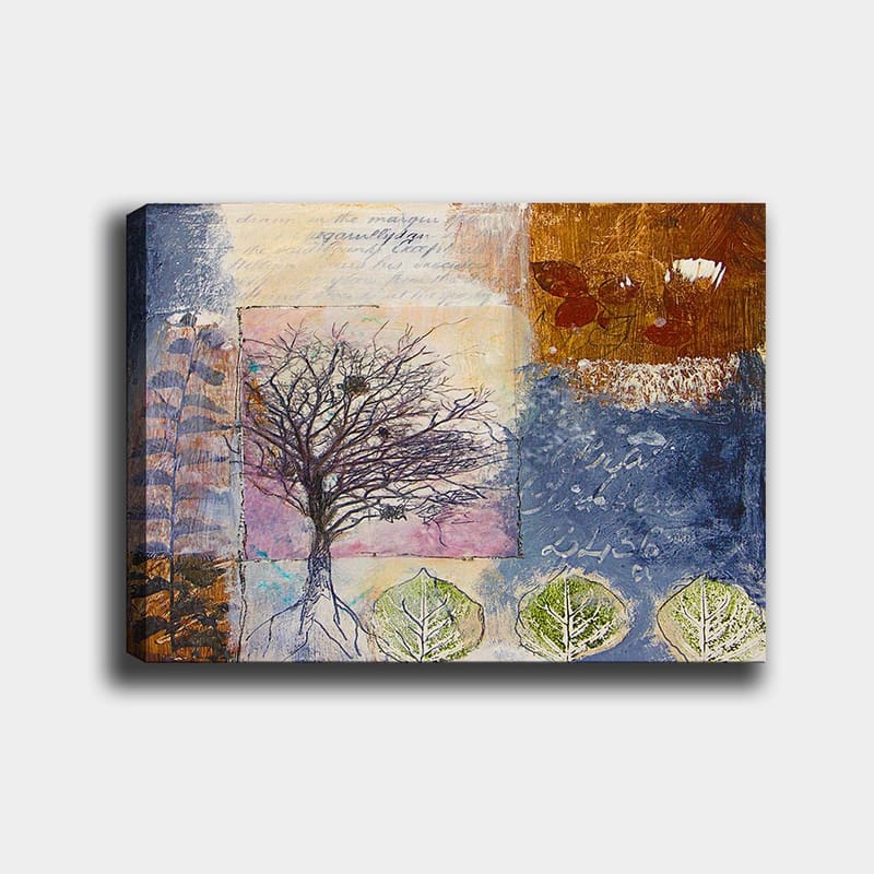 Lerretsbilde 70x100 cm - Stilisert treskulptur med røtter og blader i en fargerik komposisjon, Mørk blå / Brun / Grønn