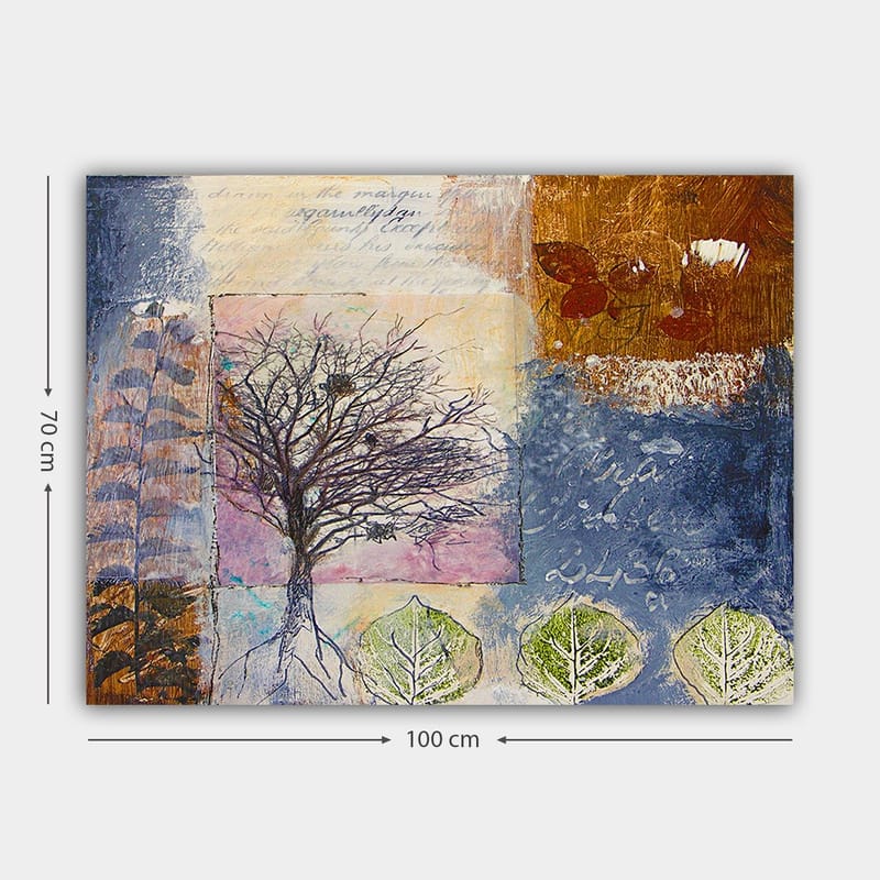 Lerretsbilde 70x100 cm - Stilisert treskulptur med røtter og blader i en fargerik komposisjon - Mørk blå / Brun / Grønn - Innredning - Bilder & kunst - Lerretsbilder