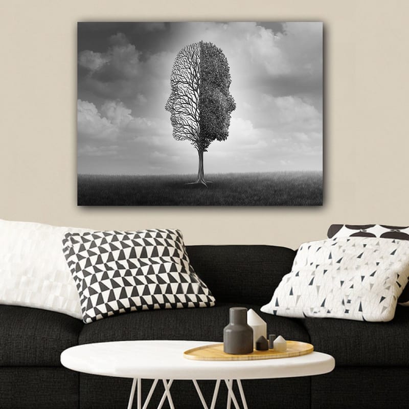 Lerretsbilde 70x100 cm - Stilisert trestruktur som danner en ansiktsprofil i svart-hvitt - Svart / Hvit / Grå - Innredning - Bilder & kunst - Lerretsbilder