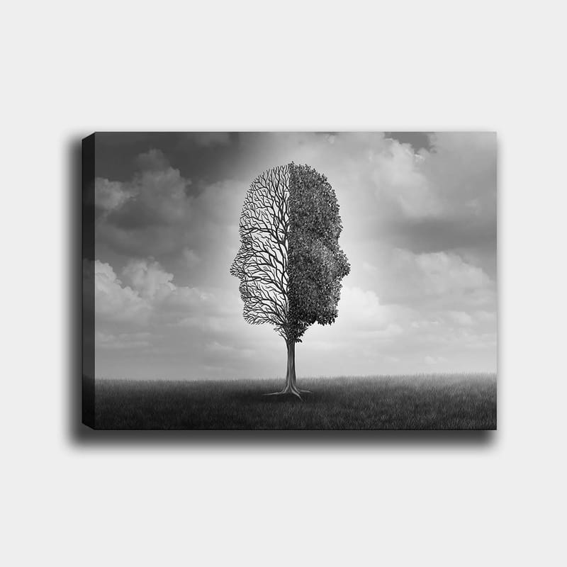 Lerretsbilde 70x100 cm - Stilisert trestruktur som danner en ansiktsprofil i svart-hvitt, Svart / Hvit / Grå