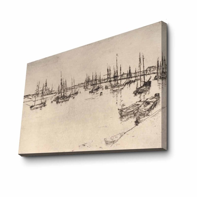 Lerretsbilde 70x100 cm - Stilisert utsikt over en havn med båter og master i silhuett - Svart / Beige - Innredning - Bilder & kunst - Lerretsbilder