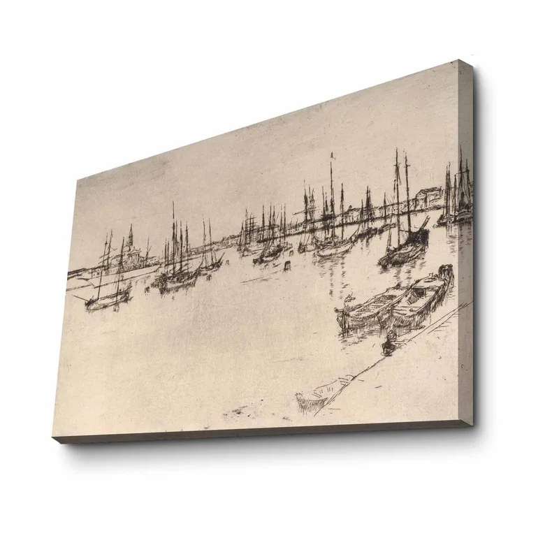 Lerretsbilde 70x100 cm - Stilisert utsikt over en havn med båter og master i silhuett - Svart / Beige - Innredning - Bilder & kunst - Lerretsbilder