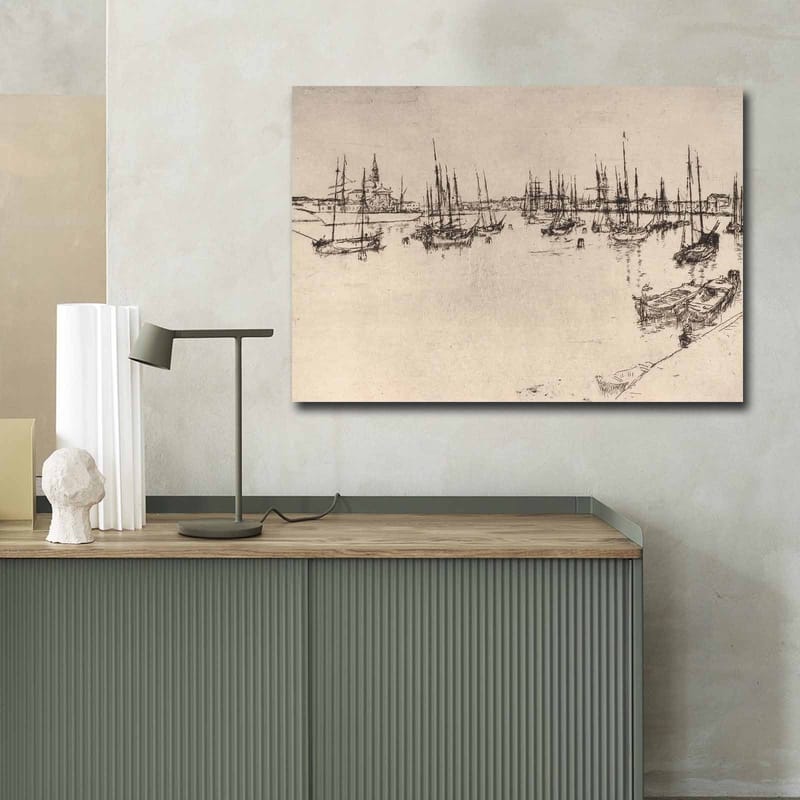 Lerretsbilde 70x100 cm - Stilisert utsikt over en havn med båter og master i silhuett - Svart / Beige - Innredning - Bilder & kunst - Lerretsbilder