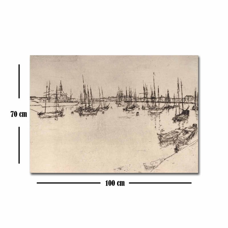 Lerretsbilde 70x100 cm - Stilisert utsikt over en havn med båter og master i silhuett - Svart / Beige - Innredning - Bilder & kunst - Lerretsbilder