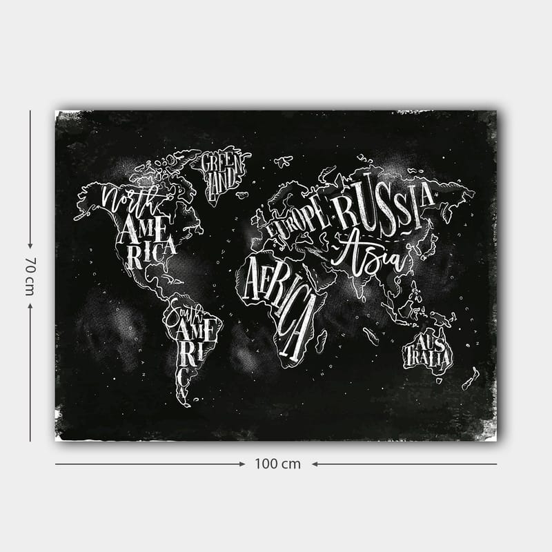 Lerretsbilde 70x100 cm - Stilisert verdenskart med geografiske navn i hvit tekst mot svart bakgrunn - Svart / Hvit - Innredning - Bilder & kunst - Lerretsbilder