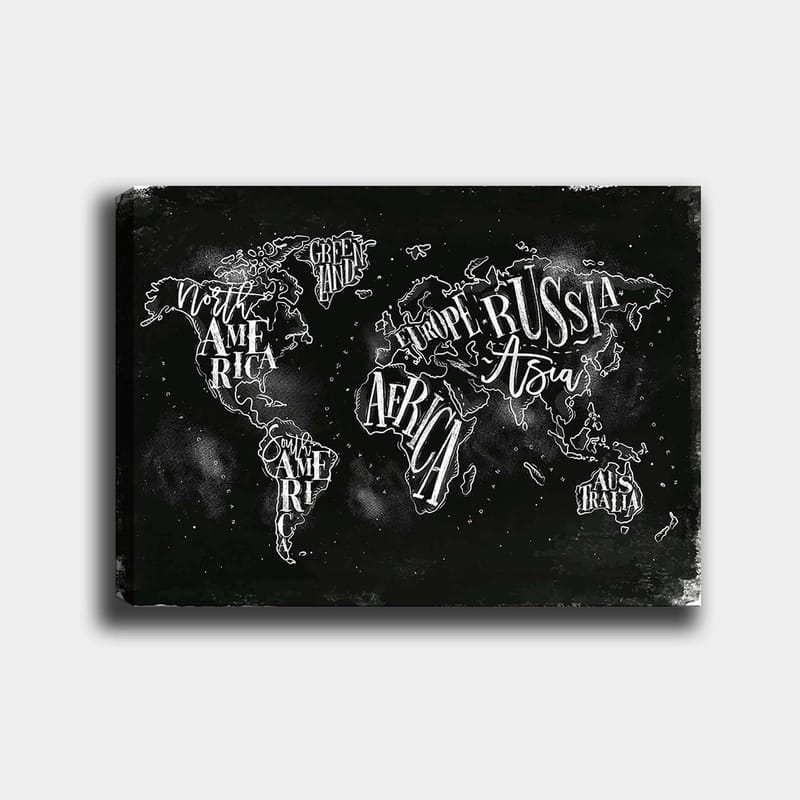 Lerretsbilde 70x100 cm - Stilisert verdenskart med geografiske navn i hvit tekst mot svart bakgrunn, Svart / Hvit
