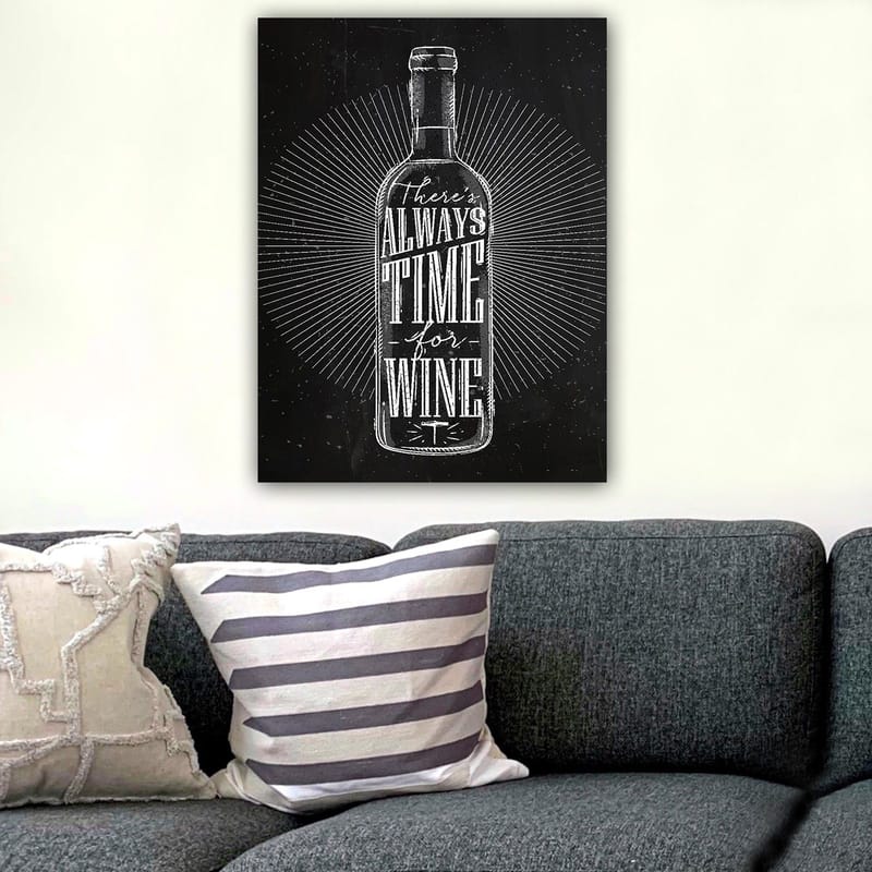 Lerretsbilde 70x100 cm - Stilisert vinflaske med teksten There's always time for wine i et moderne design - Svart / Hvit - Innredning - Bilder & kunst - Lerretsbilder