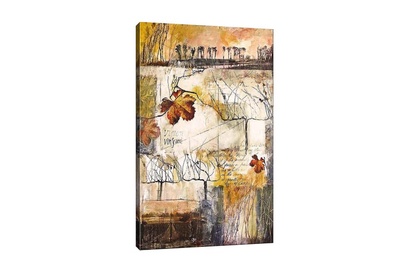 Lerretsbilde 70x100 cm - Stilisert vingård med høstblader og abstrakte linjer, Gull / Brun / Beige