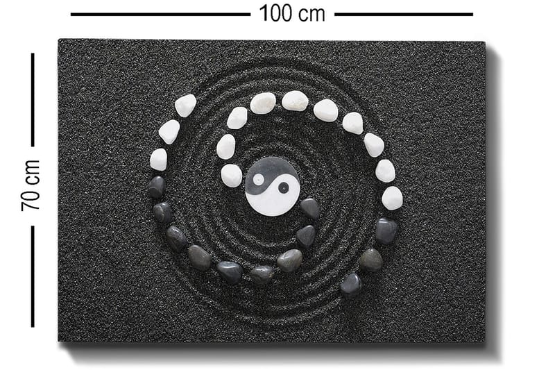 Lerretsbilde 70x100 cm - Stilisert yin-yang-symbol omgitt av svarte og hvite steiner i en spiralkomposisjon - Svart / Hvit - Innredning - Bilder & kunst - Lerretsbilder