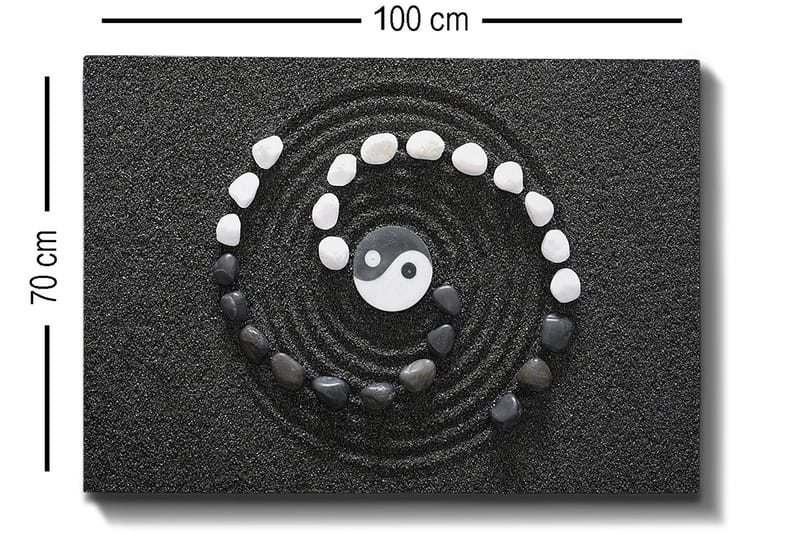 Lerretsbilde 70x100 cm - Stilisert yin-yang-symbol omgitt av svarte og hvite steiner i en spiralkomposisjon - Svart / Hvit - Innredning - Bilder & kunst - Lerretsbilder