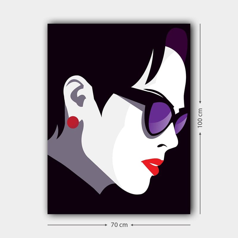 Lerretsbilde 70x100 cm - Stilisert profil av en kvinne med solbriller og rød leppestift - Svart / Hvit / Lilla - Innredning - Bilder & kunst - Lerretsbilder