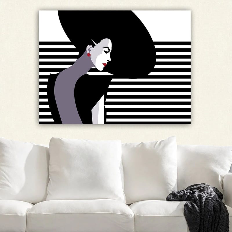 Lerretsbilde 70x100 cm - Stilisert profil av en kvinne med stort, svart hår og røde øredobber - Svart / Hvit / Grå - Innredning - Bilder & kunst - Lerretsbilder