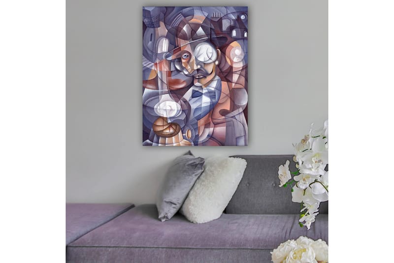 Lerretsbilde 70x100 cm - Stilisert portrett av en mann med hatt og monokkel, omgitt av abstrakte former og lyskilder - Mørk blå / Beige / Burgunder - Innredning - Bilder & kunst - Lerretsbilder