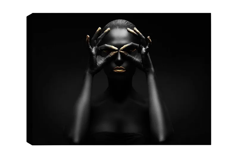 Lerretsbilde 70x100 cm - Stilisert portrettbilde av en kvinne med svarte hender som danner et par øyne, med gylne detaljer på lepper og fingertupper, Svart / Gull