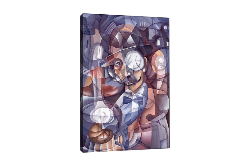 Lerretsbilde 70x100 cm - Stilisert portrett av en mann med hatt og monokkel, omgitt av abstrakte former og lyskilder - Mørk blå / Beige / Burgunder - Innredning - Bilder & kunst - Lerretsbilder