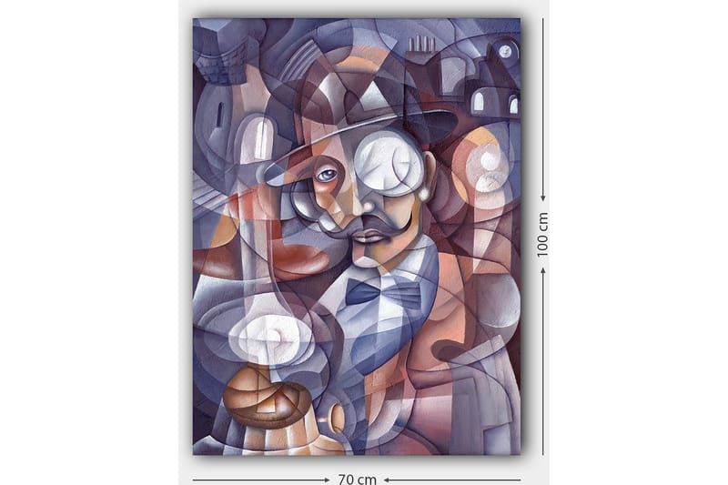 Lerretsbilde 70x100 cm - Stilisert portrett av en mann med hatt og monokkel, omgitt av abstrakte former og lyskilder - Mørk blå / Beige / Burgunder - Innredning - Bilder & kunst - Lerretsbilder