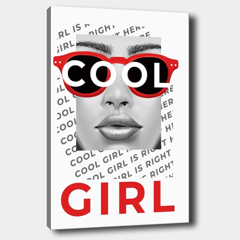 Lerretsbilde 70x100 cm - Stilisert portrett av en kvinne med kule solbriller, Rød / Svart / Grå