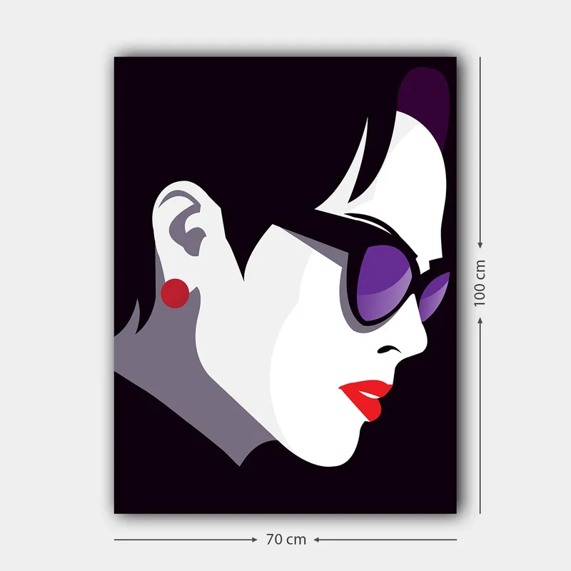 Lerretsbilde 70x100 cm - Stilisert profil av en kvinne med solbriller og rød leppestift - Svart / Hvit / Lilla - Innredning - Bilder & kunst - Lerretsbilder
