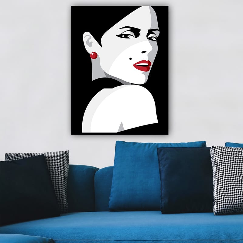 Lerretsbilde 70x100 cm - Stilisert portrett av en kvinne med et dramatisk utseende - Rød / Svart / Hvit - Innredning - Bilder & kunst - Lerretsbilder