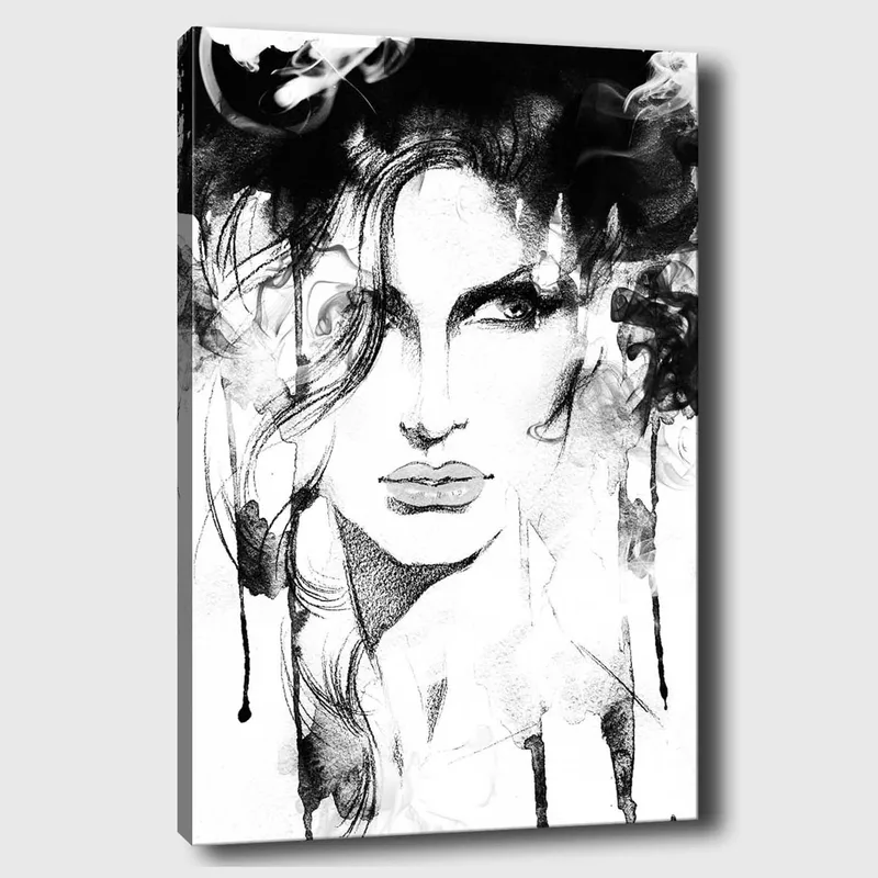 Lerretsbilde 70x100 cm - Stilisert portrett av en kvinne med dramatiske linjer og røykfylte elementer, Svart / Hvit / Grå