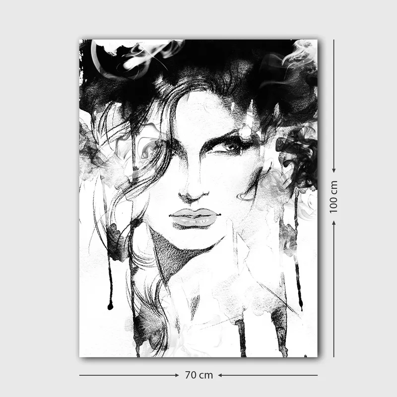 Lerretsbilde 70x100 cm - Stilisert portrett av en kvinne med dramatiske linjer og røykfylte elementer - Svart / Hvit / Grå - Innredning - Bilder & kunst - Lerretsbilder