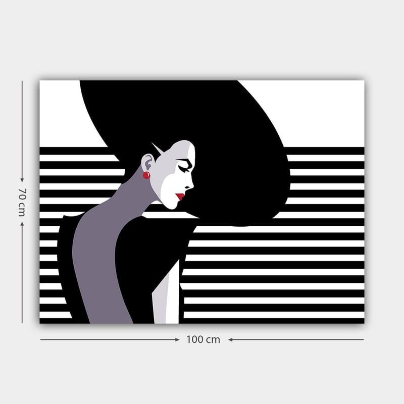 Lerretsbilde 70x100 cm - Stilisert profil av en kvinne med stort, svart hår og røde øredobber - Svart / Hvit / Grå - Innredning - Bilder & kunst - Lerretsbilder