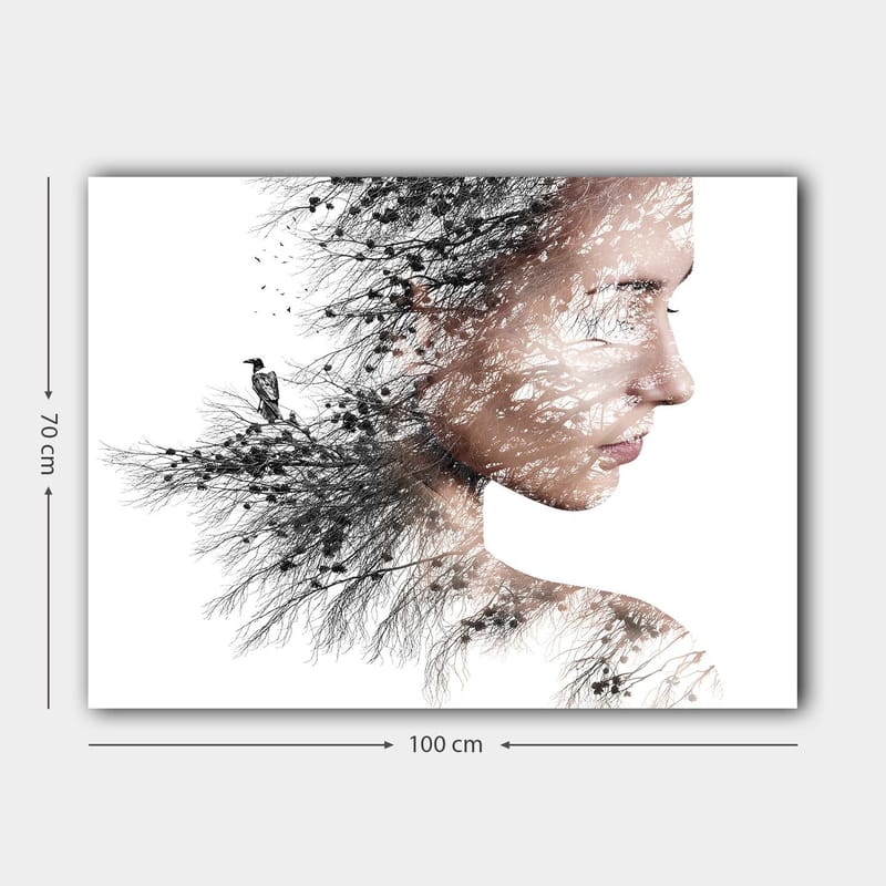 Lerretsbilde 70x100 cm - Stilisert portrett av en kvinne med trær og fugler som en del av silhuetten hennes - Svart / Grå / Brun - Innredning - Bilder & kunst - Lerretsbilder