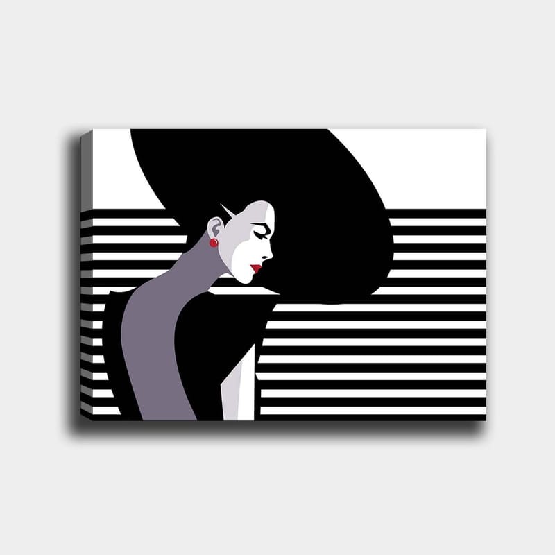 Lerretsbilde 70x100 cm - Stilisert profil av en kvinne med stort, svart hår og røde øredobber, Svart / Hvit / Grå