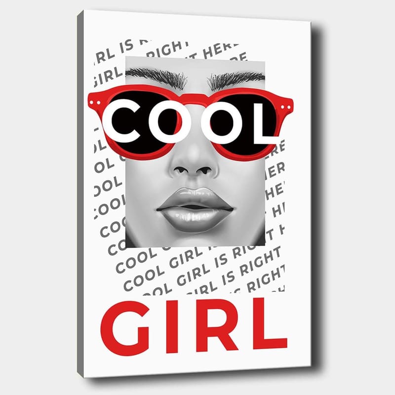 Lerretsbilde 70x100 cm - Stilisert portrett av en kvinne med kule solbriller, Rød / Svart / Grå