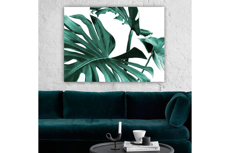 Lerretsbilde 70x100 cm - Stiliserte grønne palmeblader mot hvit bakgrunn - Mørkegrønn / Turkis - Innredning - Bilder & kunst - Lerretsbilder