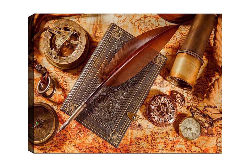 Lerretsbilde 70x100 cm - Stillbilde av antikke navigasjonsverktøy og en fjærpenn på et gammelt kart, Mørk brun / Gull / Oransje