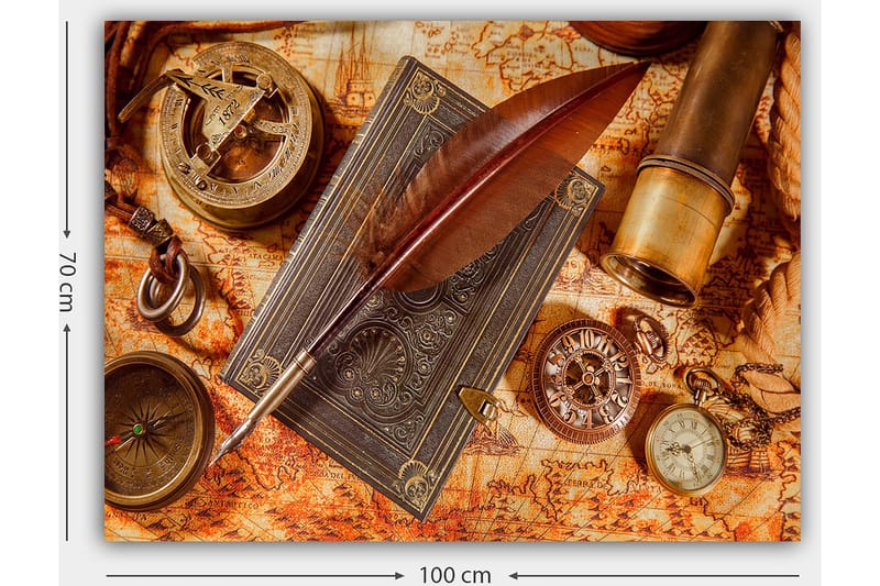 Lerretsbilde 70x100 cm - Stillbilde av antikke navigasjonsverktøy og en fjærpenn på et gammelt kart - Mørk brun / Gull / Oransje - Innredning - Bilder & kunst - Lerretsbilder