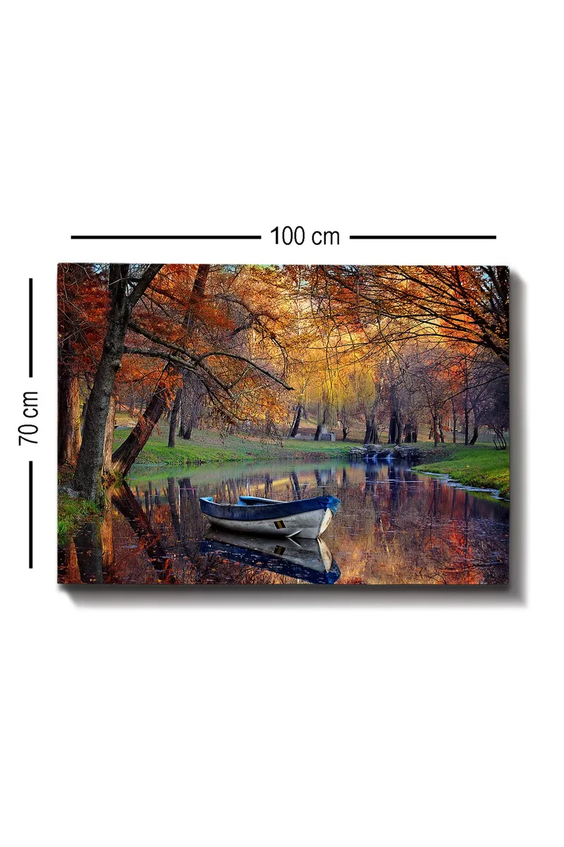 Lerretsbilde 70x100 cm - Stille båt på en speilblank innsjø omgitt av høstfarger - Oransje / Blå / Grønn - Innredning - Bilder & kunst - Lerretsbilder