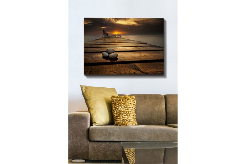 Lerretsbilde 70x100 cm - Stille brygge ved solnedgang med steiner i forgrunnen - Gull / Brun / Grå - Innredning - Bilder & kunst - Lerretsbilder
