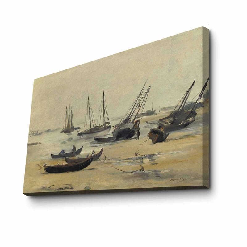 Lerretsbilde 70x100 cm - Stille havnelandskap med seilbåter forankret i rolige farvann - Grå / Beige / Mørk blå - Innredning - Bilder & kunst - Lerretsbilder