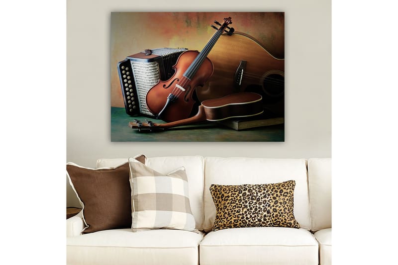 Lerretsbilde 70x100 cm - Stille komposisjon av musikkinstrumenter inkludert fiolin, gitar og trekkspill - Brun / Beige / Mørk grønn - Innredning - Bilder & kunst - Lerretsbilder