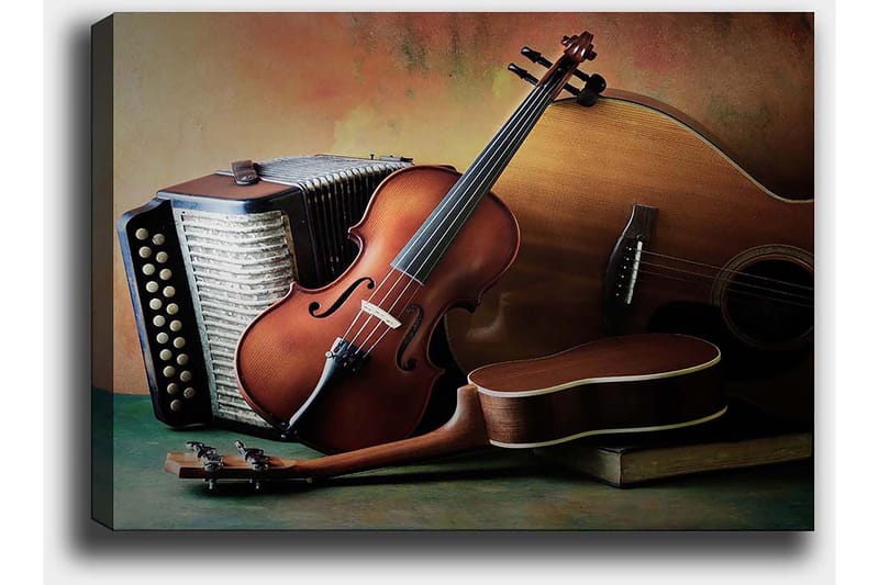Lerretsbilde 70x100 cm - Stille komposisjon av musikkinstrumenter inkludert fiolin, gitar og trekkspill - Brun / Beige / Mørk grønn - Innredning - Bilder & kunst - Lerretsbilder