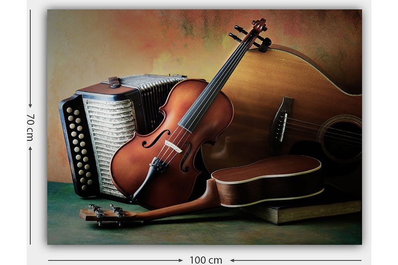 Lerretsbilde 70x100 cm - Stille komposisjon av musikkinstrumenter inkludert fiolin, gitar og trekkspill - Brun / Beige / Mørk grønn - Innredning - Bilder & kunst - Lerretsbilder