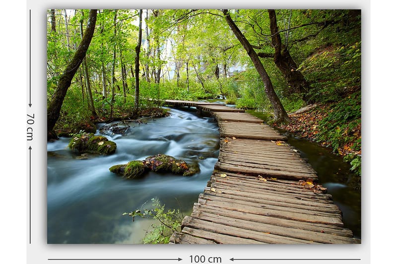 Lerretsbilde 70x100 cm - Stille skogssti som slynger seg over en klukkende bekk omgitt av frodige trær og vegetasjon - Grønn / Brun / Blå - Innredning - Bilder & kunst - Lerretsbilder