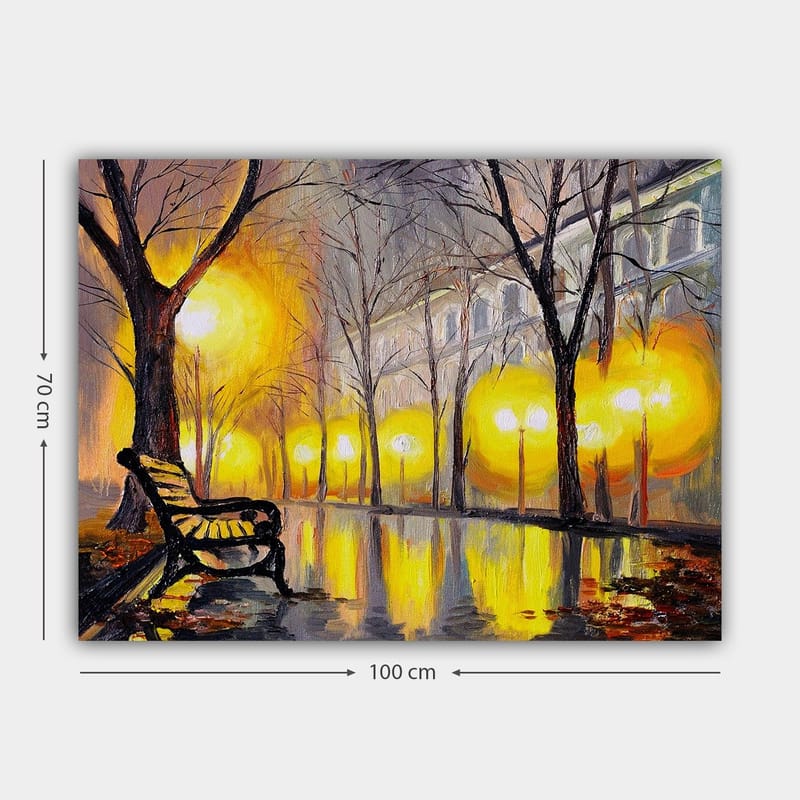 Lerretsbilde 70x100 cm - Stille park med en benk under et gult lys fra gatelykter - Gul / Brun / Grå - Innredning - Bilder & kunst - Lerretsbilder