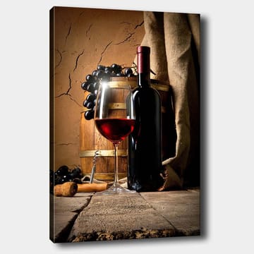 Lerretsbilde 70x100 cm - Stilleben med en flaske rødvin, et vinglass og druer på en treflate - Mørk rød / Brun / Svart - Innredning - Bilder & kunst - Lerretsbilder