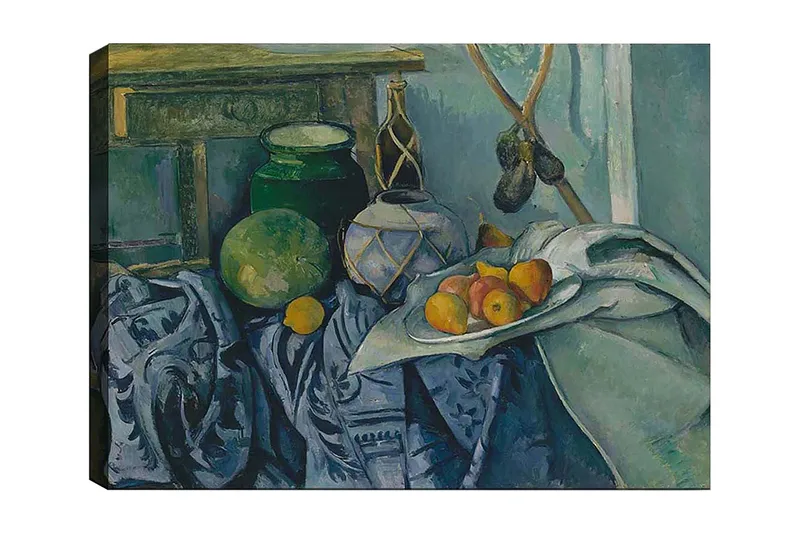 Lerretsbilde 70x100 cm - Stilleben med frukt og keramikk på en duk, Grønn / Blå / Oransje