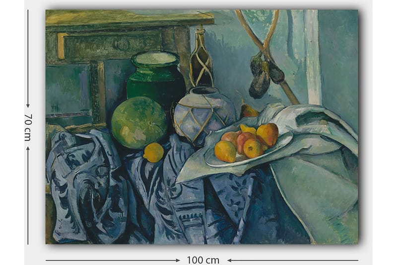 Lerretsbilde 70x100 cm - Stilleben med frukt og keramikk på en duk - Grønn / Blå / Oransje - Innredning - Bilder & kunst - Lerretsbilder